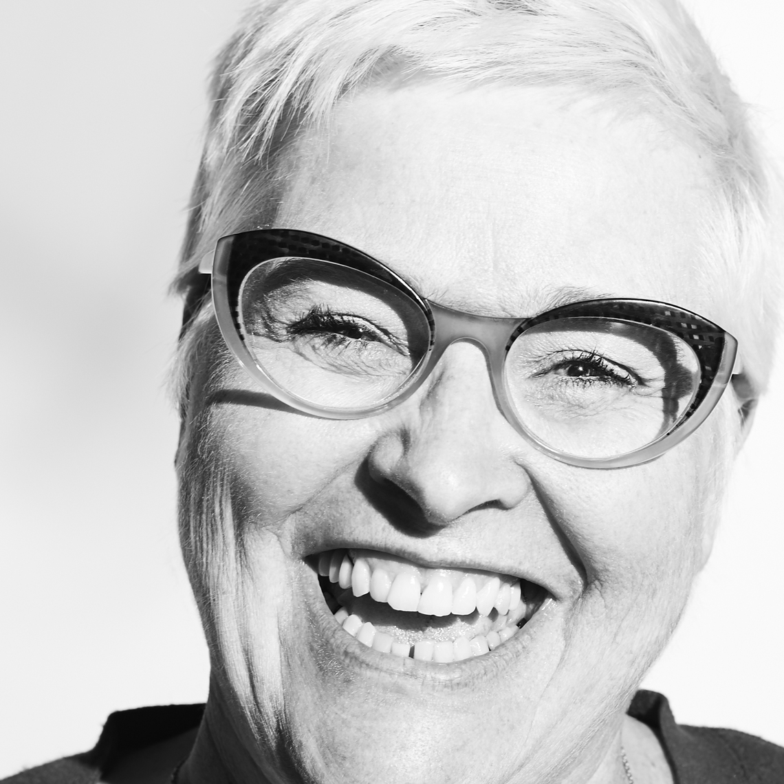 White hair white woman big glasses big laugh Black & White Portrait