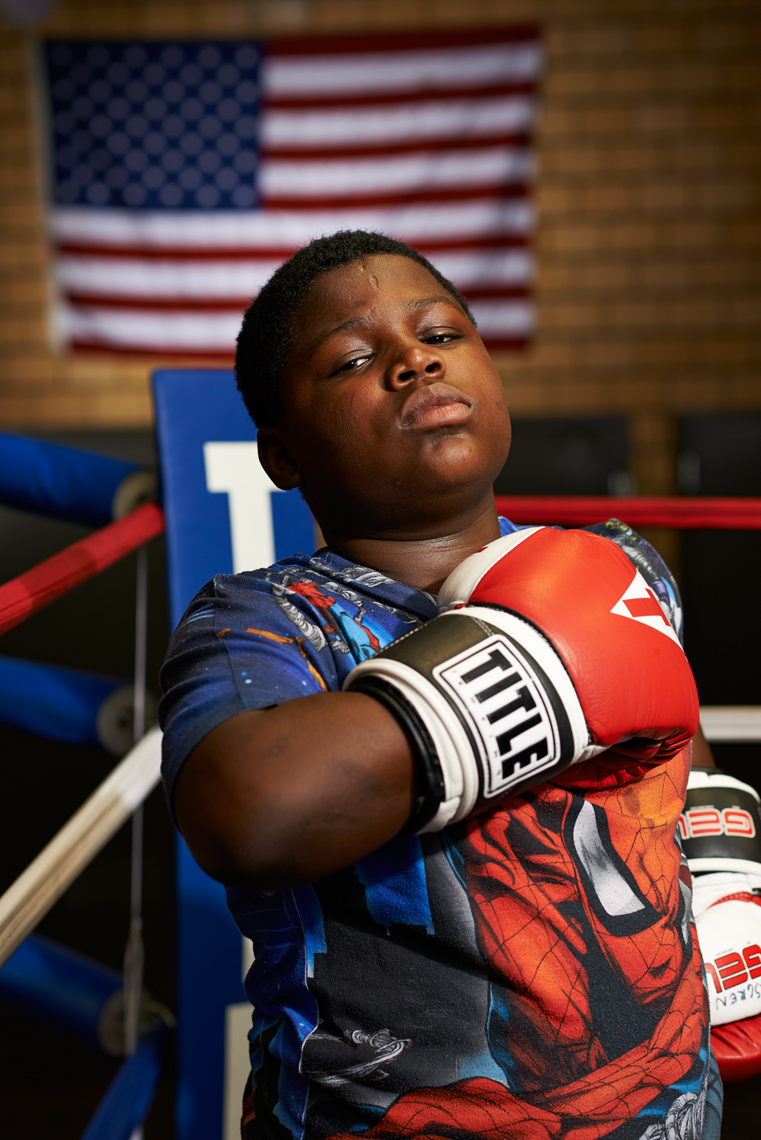 Young African American Boy, Boxing Gloves and Flag